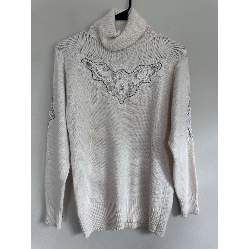 Vintage Silk/Angora SMALL Lace Pearl Turtleneck Sweater MEDIUM‎ Ivory Grannycore